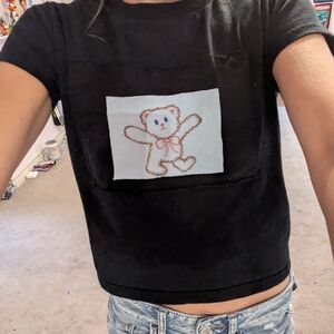 Black T-Shirt Baby Tee with Teddy Bear Patch